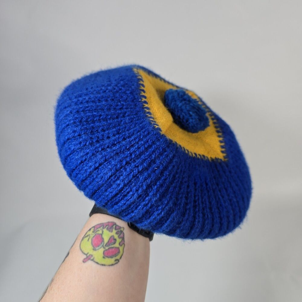 Vintage Mens Hand Knit Blue And Yellow Beret Square Patch With Pompom french